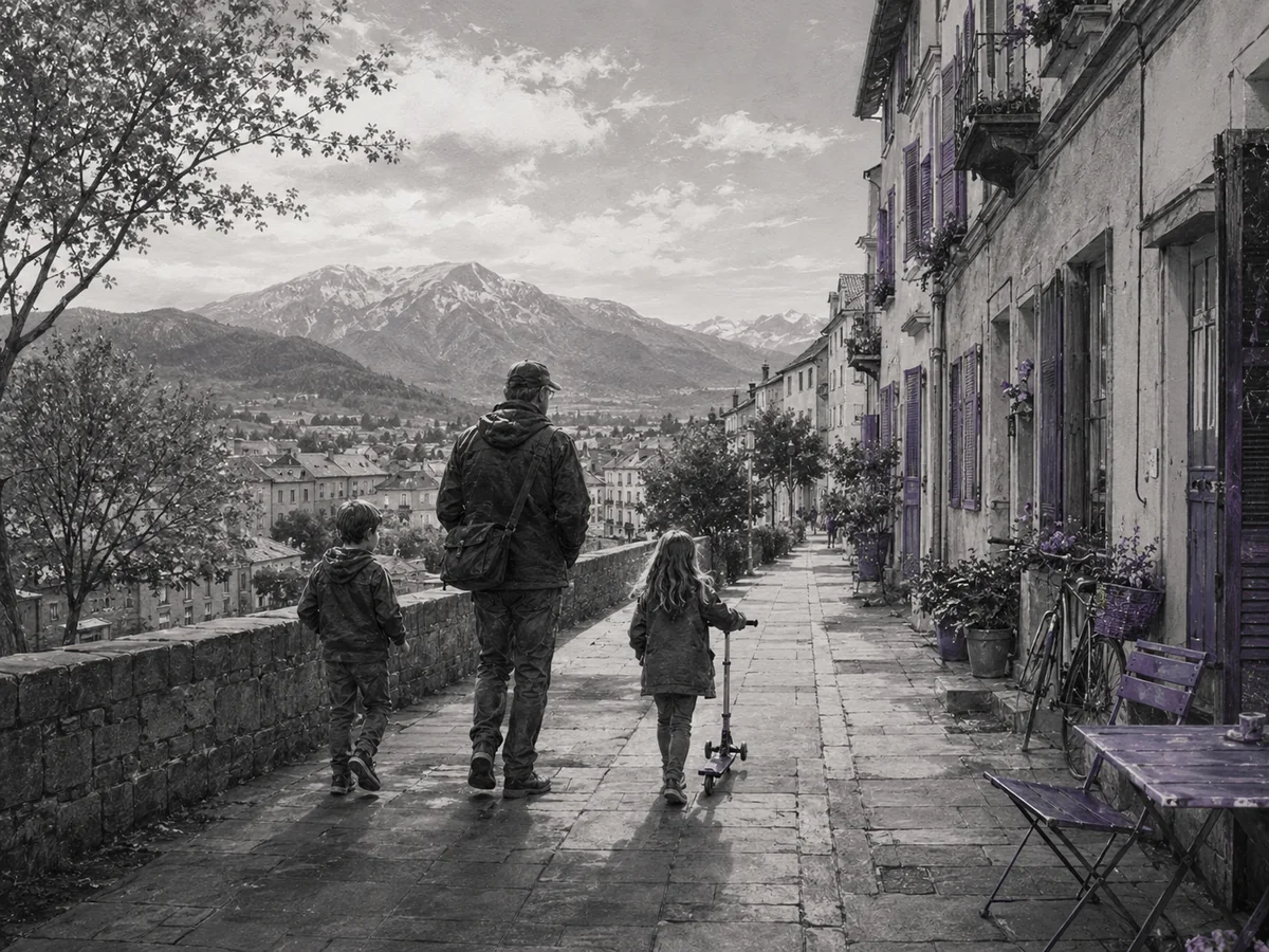 An older father walks with two children through a mild mountain town with purple accents.
