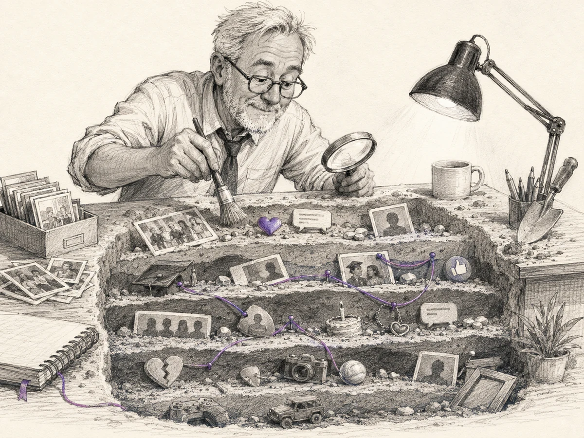 Charcoal sketch of a teacher conducting an archaeological excavation through years of old social-media memories.