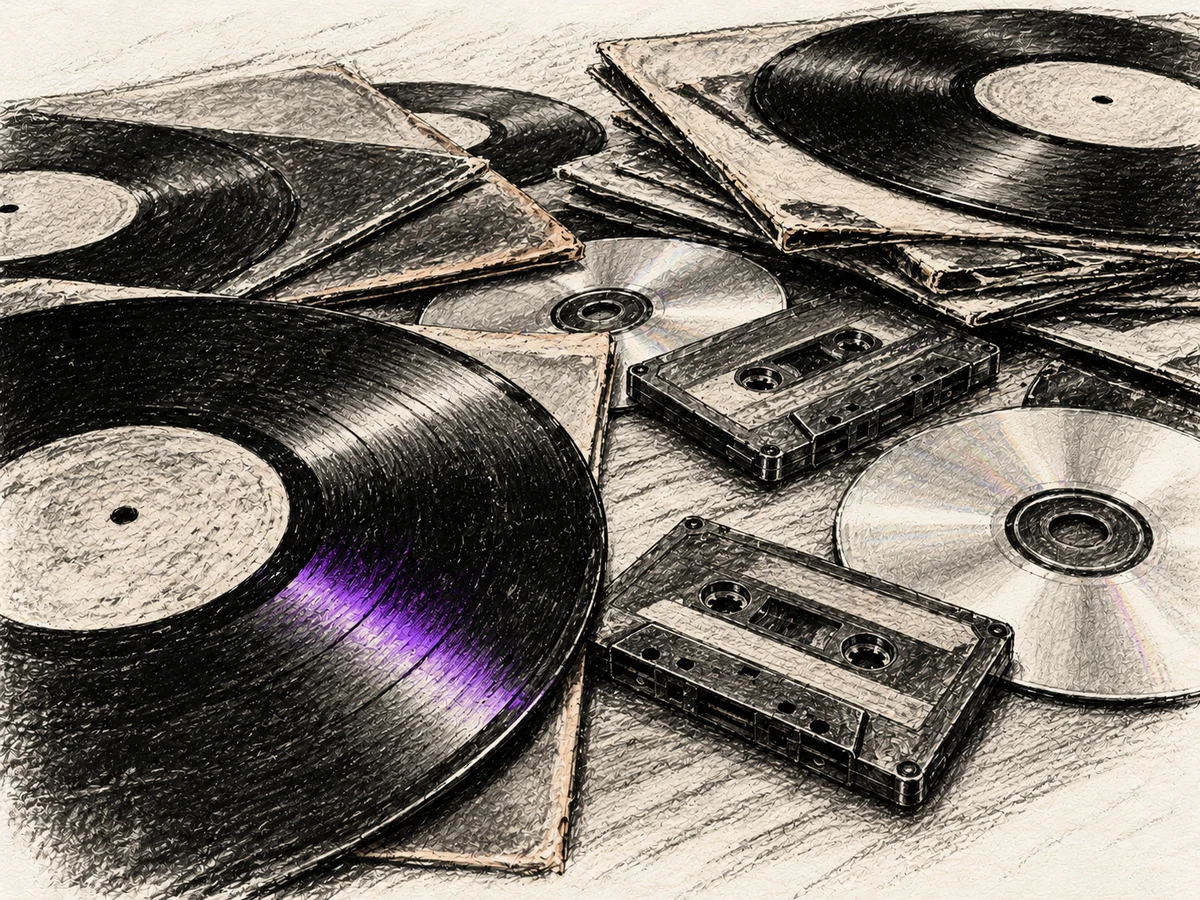 An unsorted spread of vinyl records, cassette tapes, and CDs across a tabletop, with a purple glint on a record.