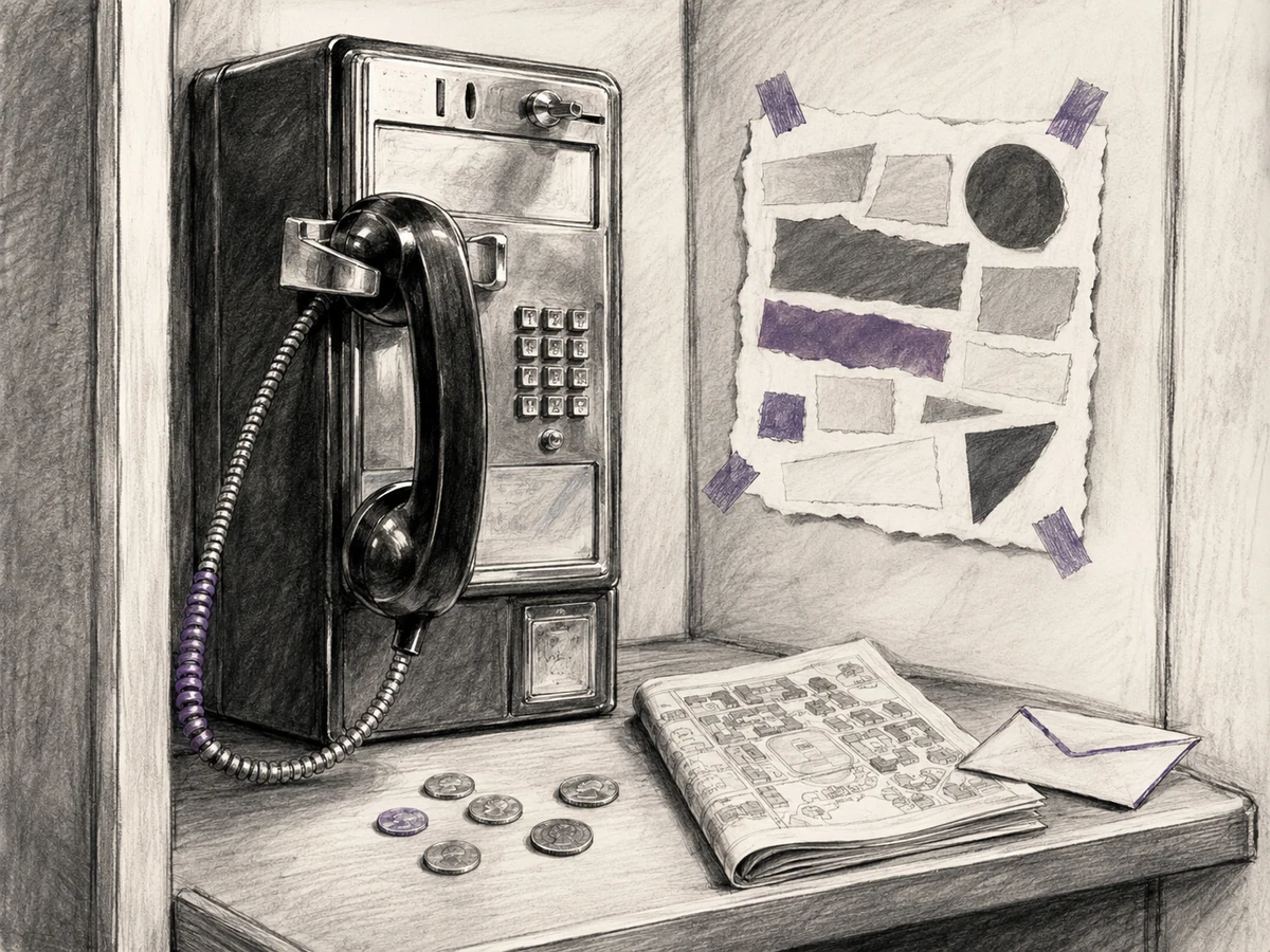 A ransom note, dangling receiver, and scattered coins surround a campus pay phone in 1985.