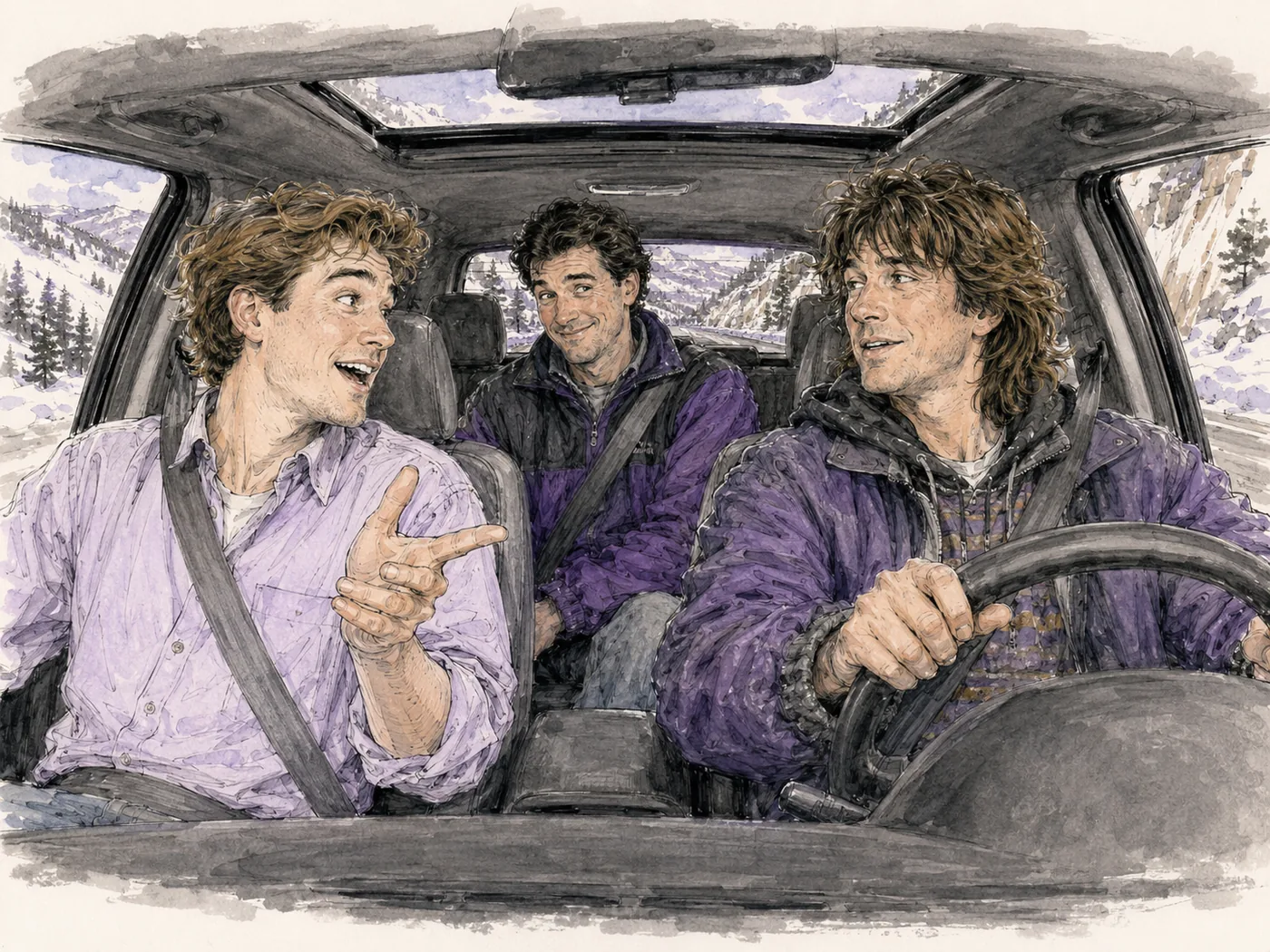 Todd talking excitedly while Ned drives the 4Runner through the snowy mountains and Will watches from the back seat.