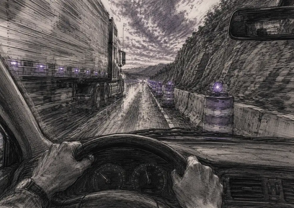 A driver grips the wheel while squeezing through a narrow construction lane between a semi-truck, concrete barriers, and purple-lit barrels.
