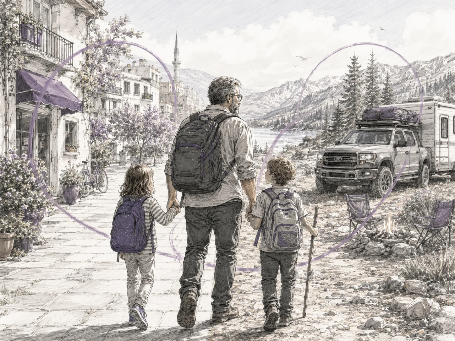 Sketch-style illustration of an older father and two children standing between an overseas neighborhood and a North America camping setup with a truck and trailer.