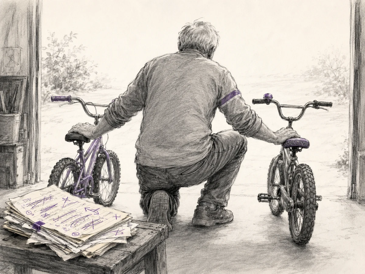 An adult steadies two small bicycles beside a messy stack of revised parenting notes.