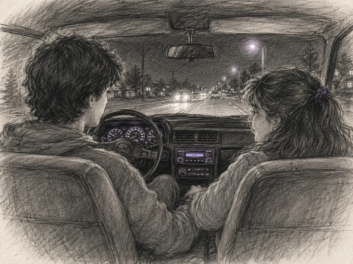 Pencil-sketch view from inside a car at night, with a young couple in the front seats and softly glowing dashboard lights.