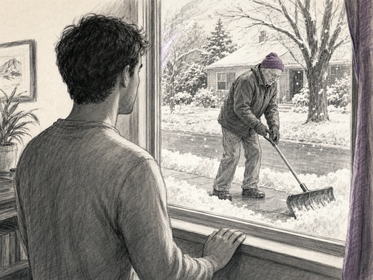 A younger man looks through a frosted window and discovers his elderly neighbor shoveling the sidewalk outside.