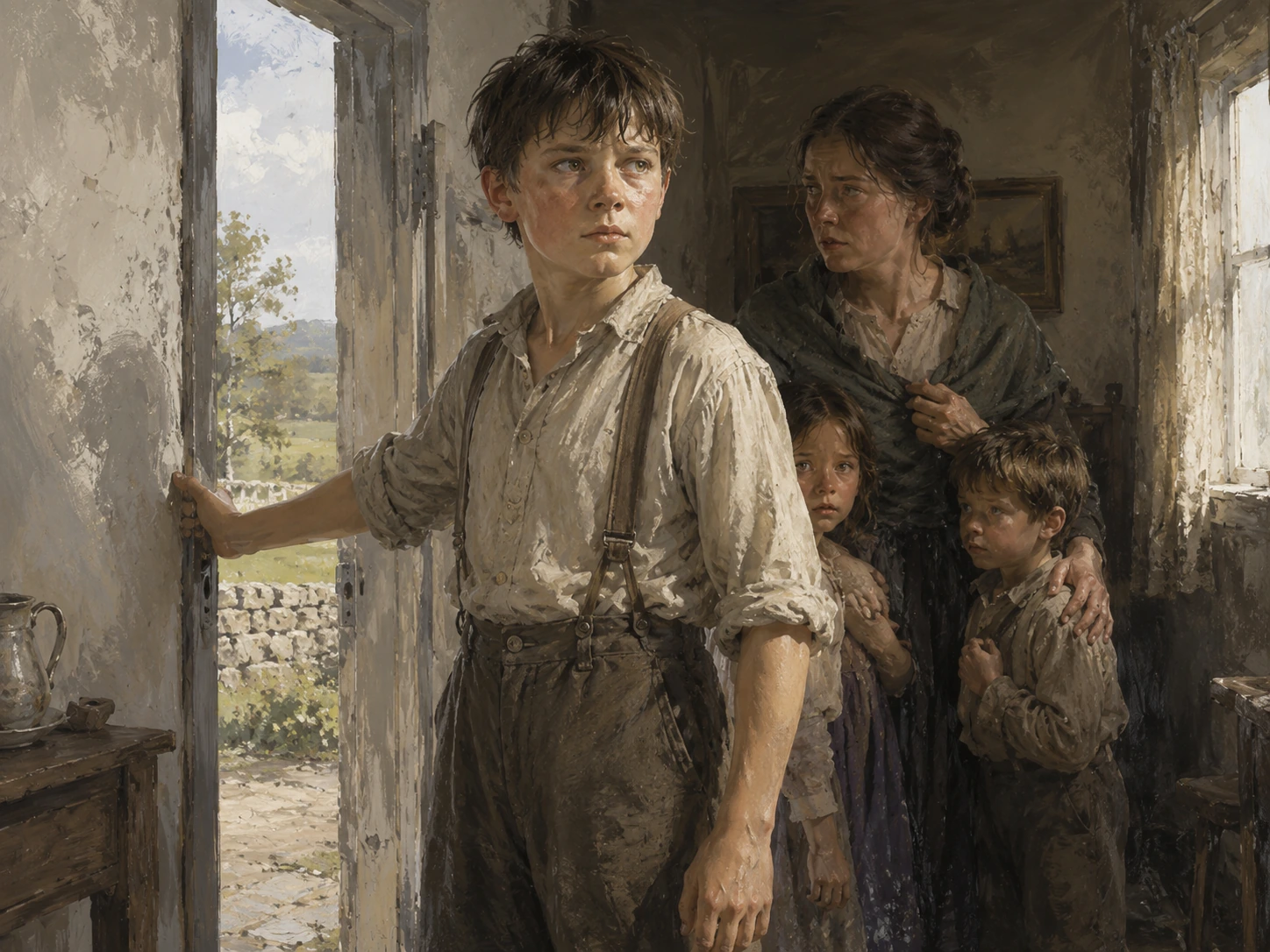 A boy stands protectively in front of his mother and younger siblings in a dark cottage.