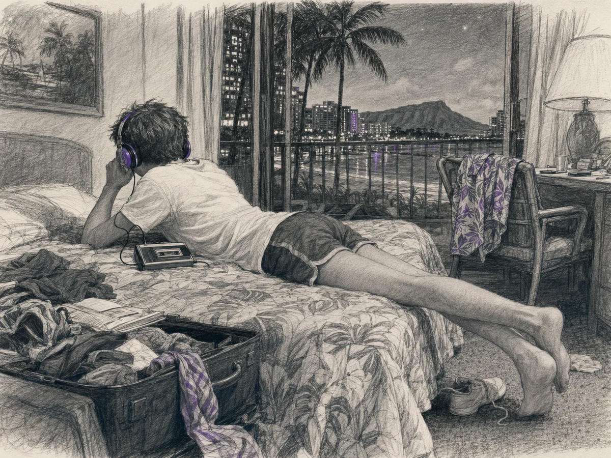 A teenager wearing headphones listens to a portable cassette player in a Waikiki hotel room overlooking Honolulu.