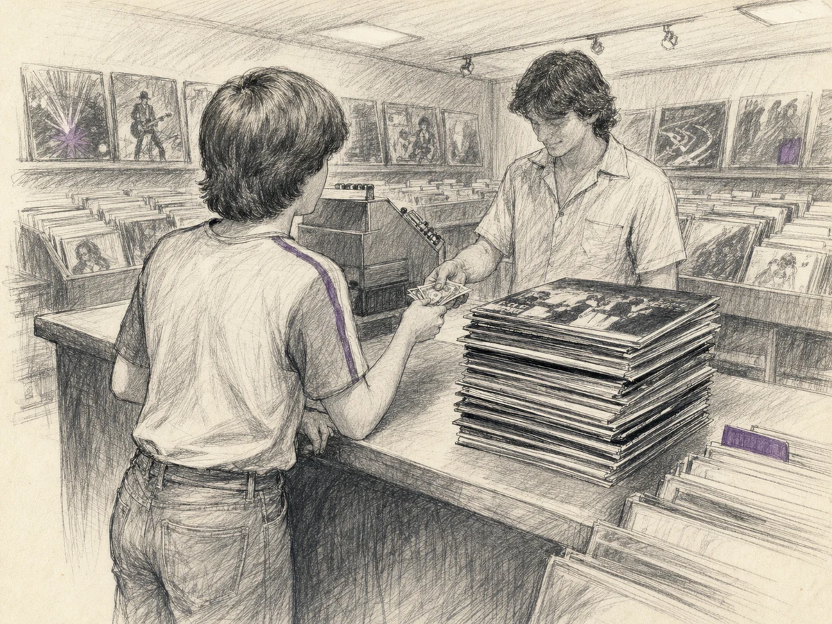 Charcoal sketch of a teenage record buyer at a 1979 record-store counter with cash and a tall stack of albums, with sparse purple accents.