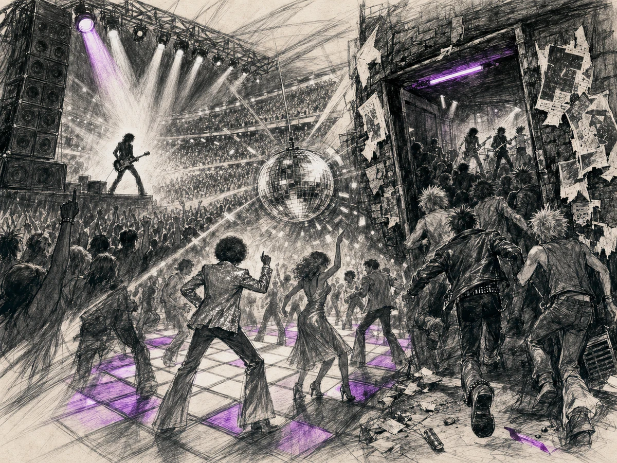 Energetic charcoal scene where an arena-rock stage, a jagged punk-club doorway, and a disco floor crash together with sparse purple highlights.