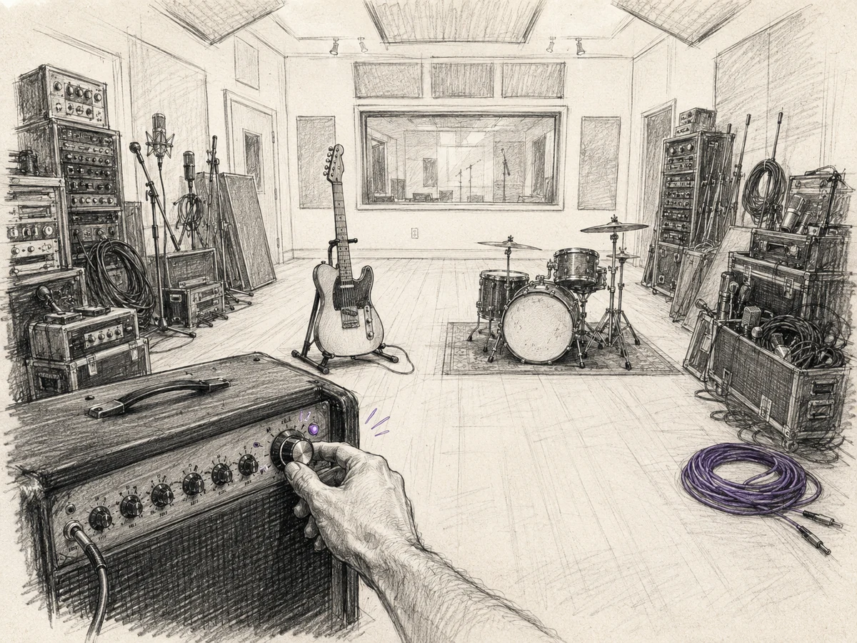 A recording studio stripped to an amplifier, guitar, and drums as the excess equipment is pushed aside.