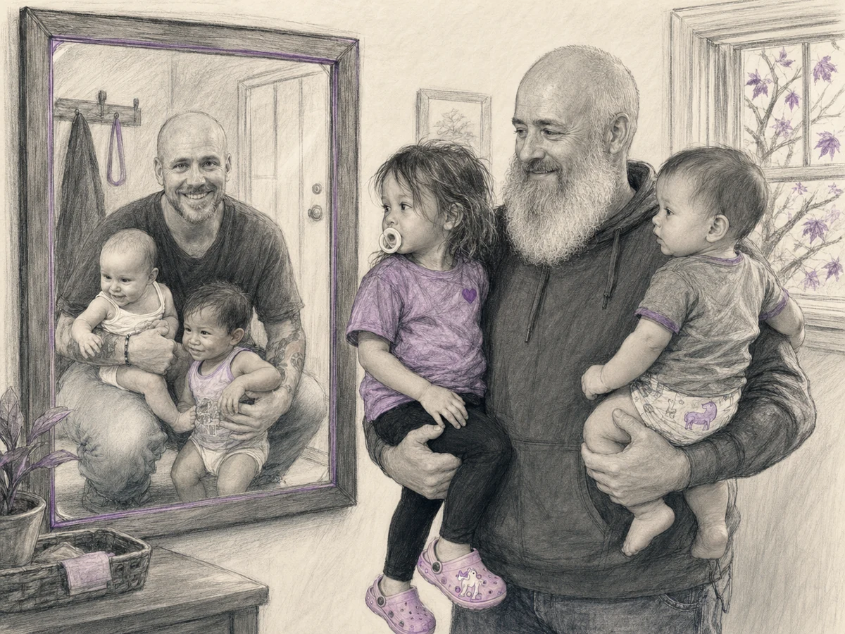 Older Will holding Raven and Alexander while a mirror reflects his younger self with Christopher and Alexa.