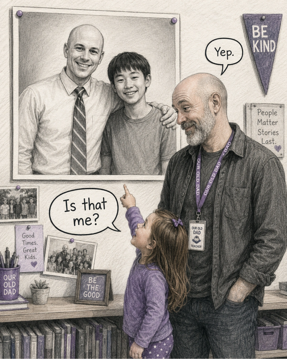 An older bearded father says yep as his four-year-old daughter points to the Korean teenage boy in an old photo and asks if it is her.