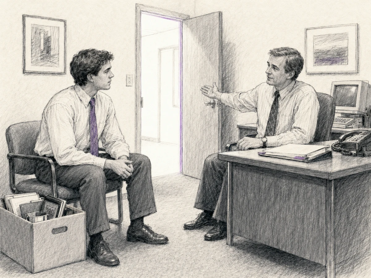A young man with a packed office box listens to an older manager during a corporate exit interview.