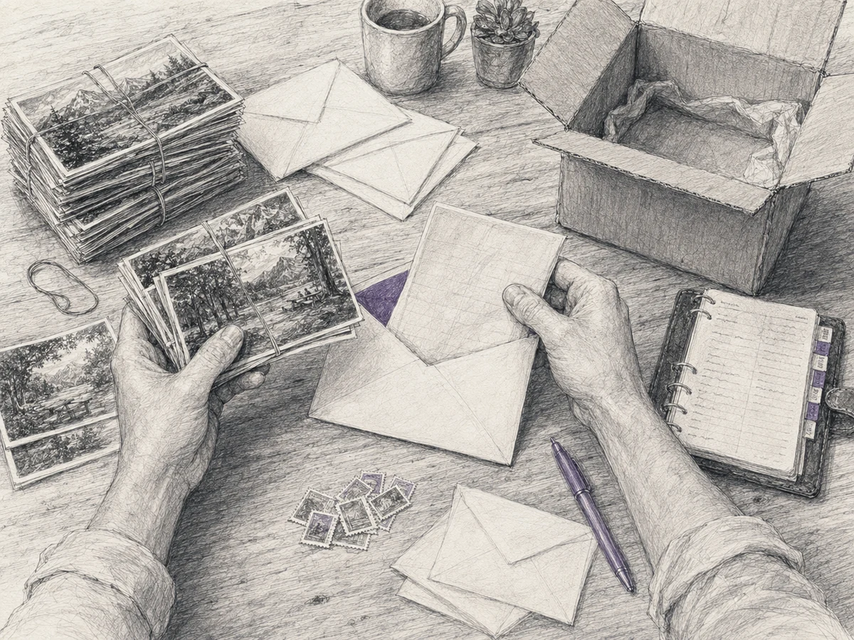 Hands packing childish letters and random photographs into stamped envelopes beside a paper address book.