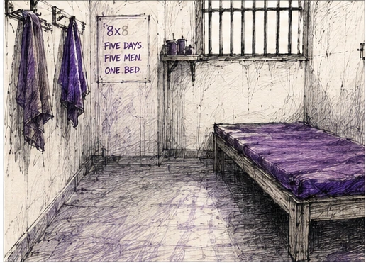 Sketch illustration of a spare jail cell with a single raised bed, purple cloth hanging on the wall, and a handwritten sign reading ‘8x8. Five days. Five men. One bed.’