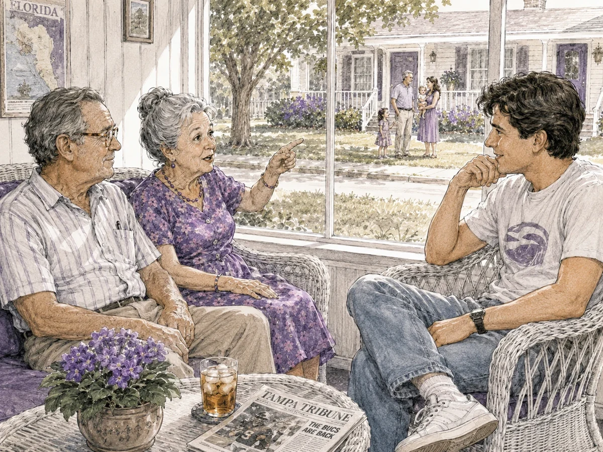 A grandmother points across the street while telling her husband and twenty-five-year-old grandson about an older father with a younger wife and two children.