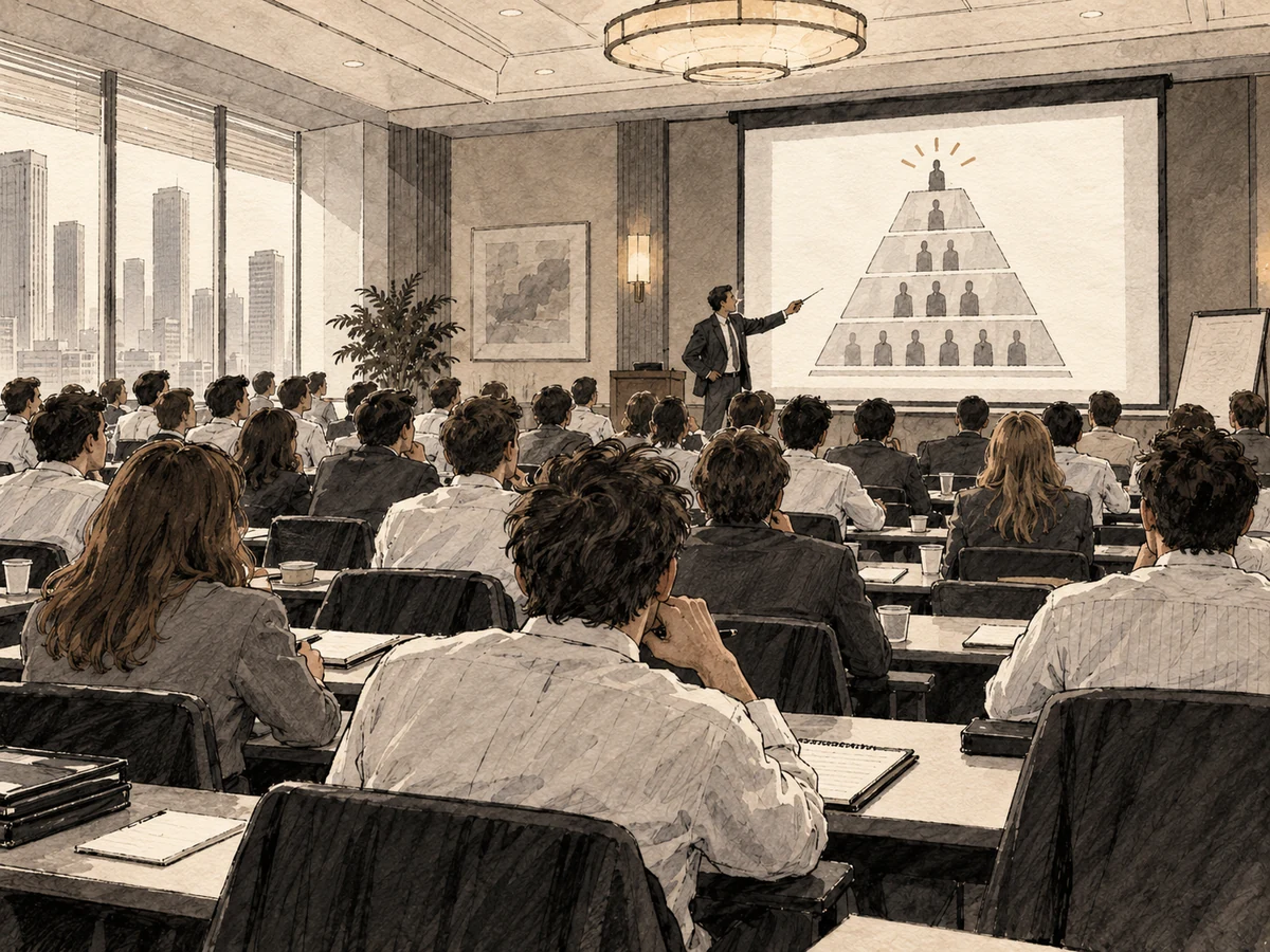 A large group of young consultants in a corporate training room studying a projected career pyramid.