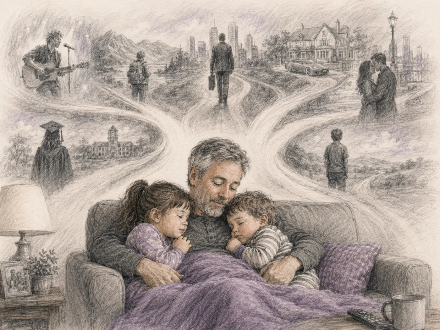 An older dad sits with two sleeping children while imagined roads and alternate life paths fade behind the couch.
