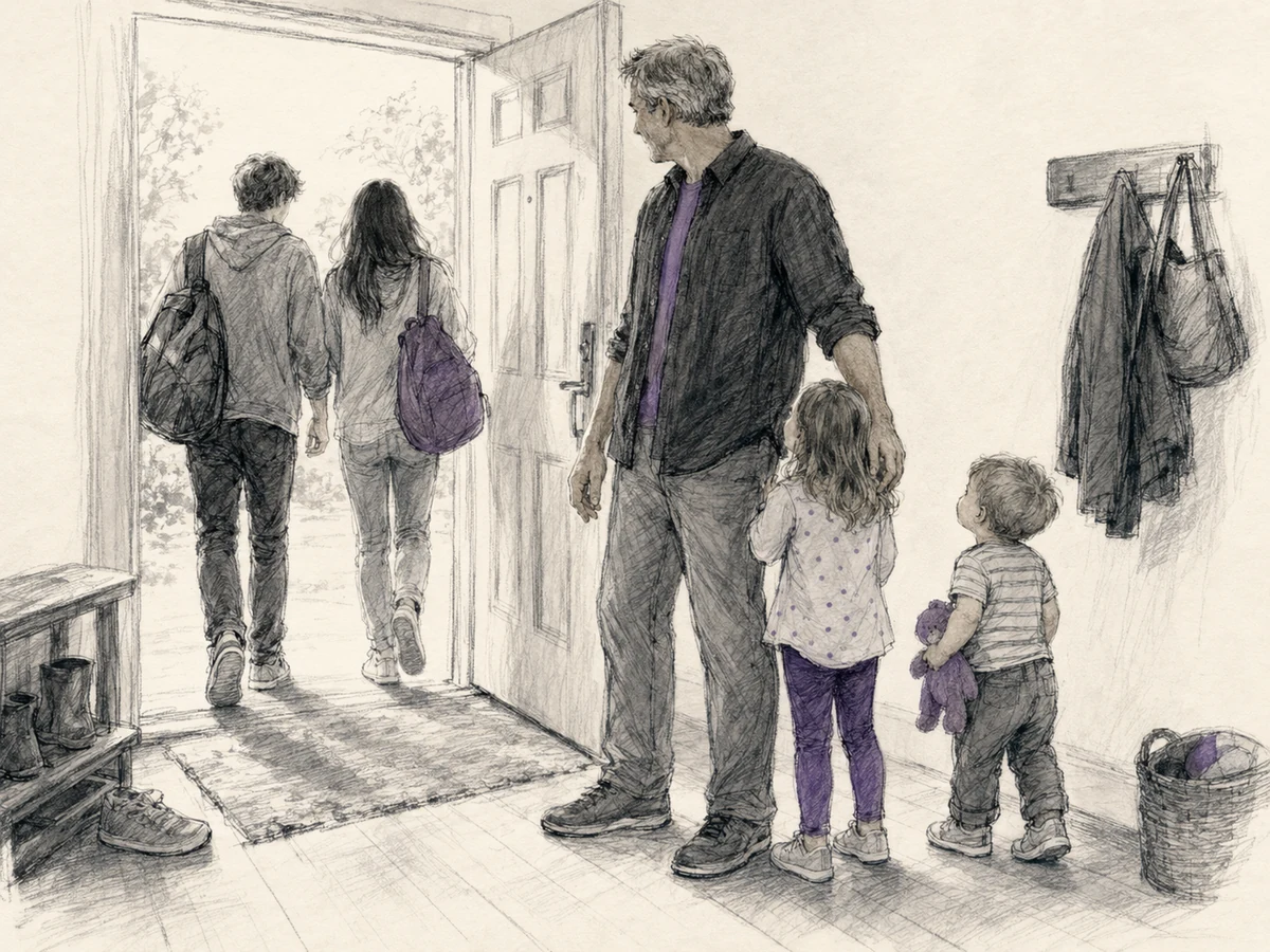 An anonymous father stands between two older children leaving through a doorway and two young children gathered close beside him.