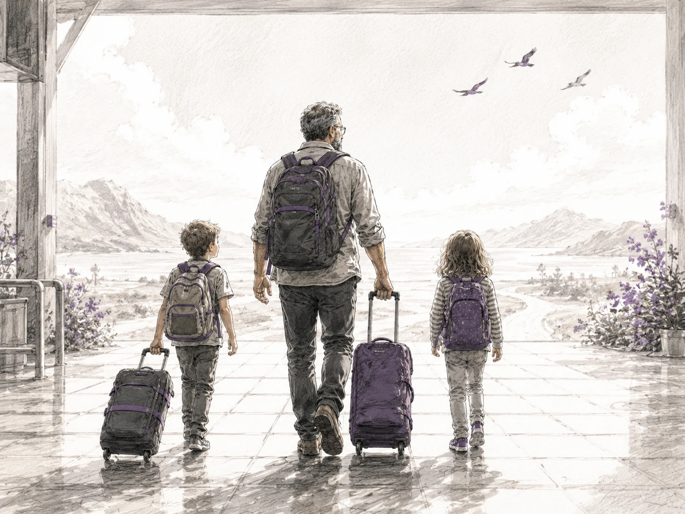 Sketch-style illustration of a father and two children walking from a bright terminal space toward an open landscape with luggage, suggesting the start of a long journey.