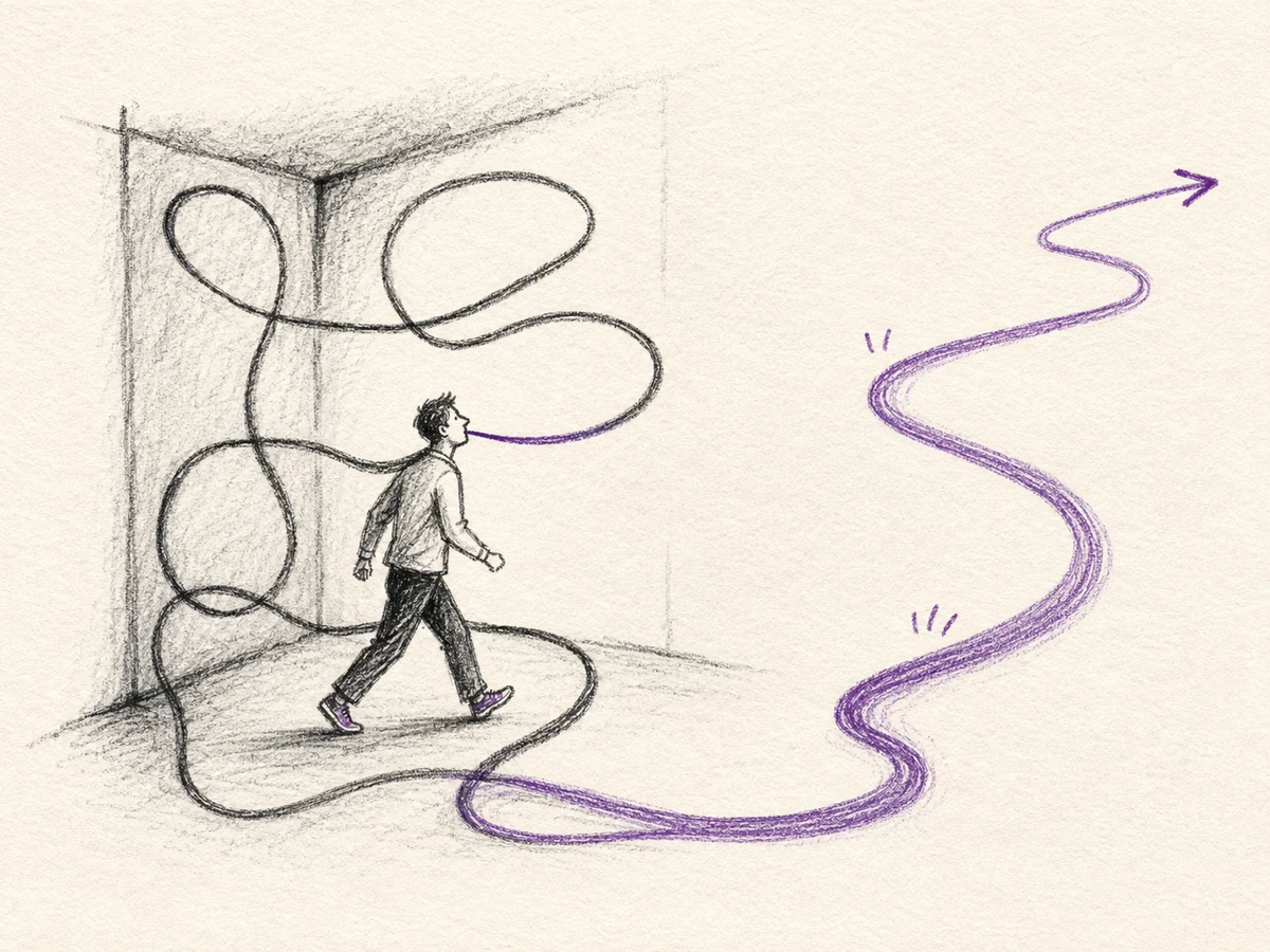 A sketched figure follows the path created by his own words out of a corner he made for himself.