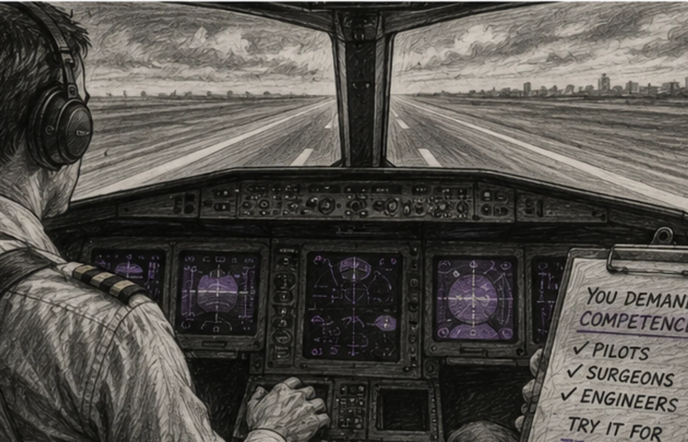 A pilot in a cockpit beside a checklist saying competence is demanded of pilots, surgeons, and engineers and should be demanded of teachers.