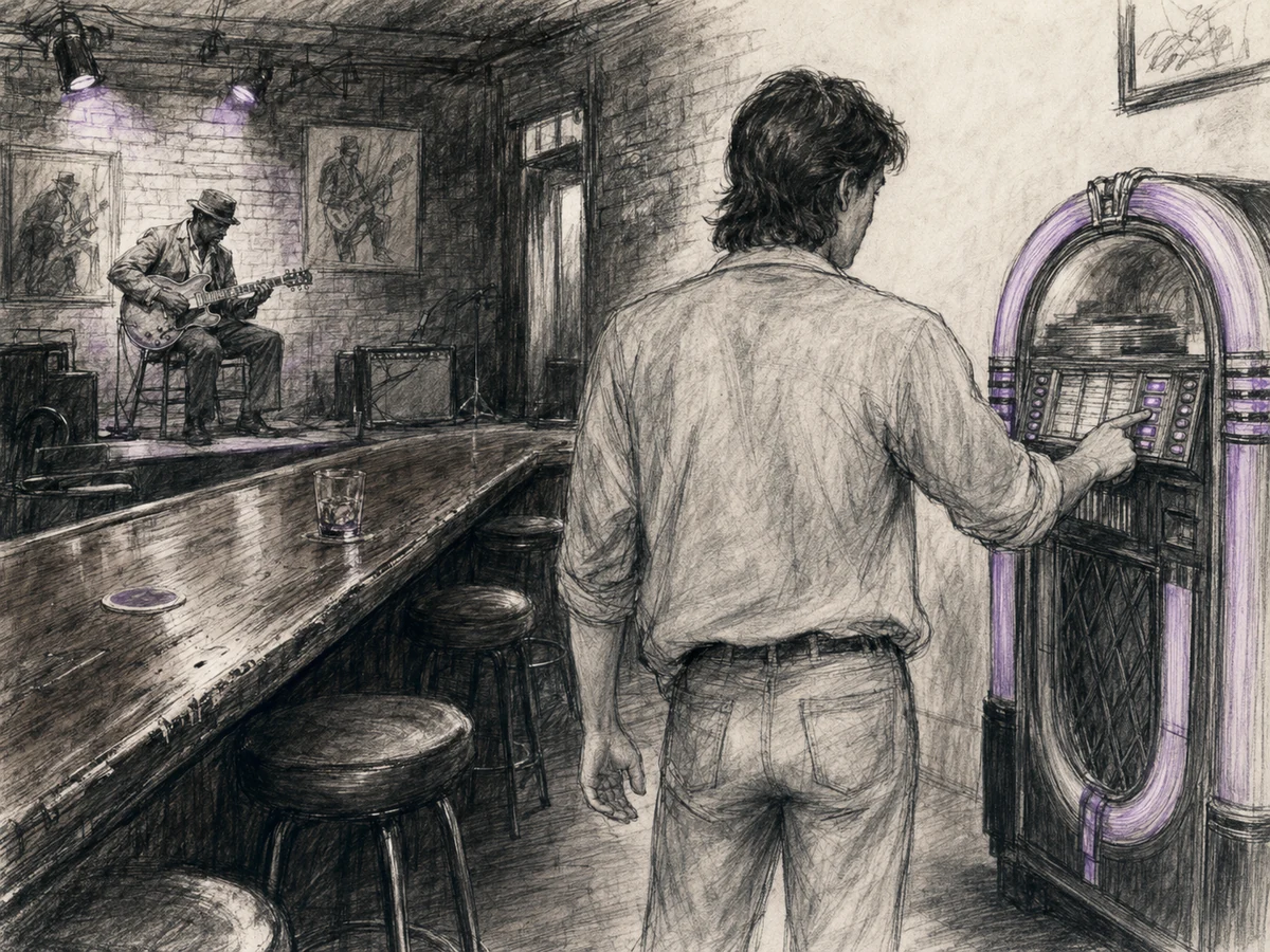 A young man chooses music from a jukebox while a blues guitarist plays in an old Chicago bar.