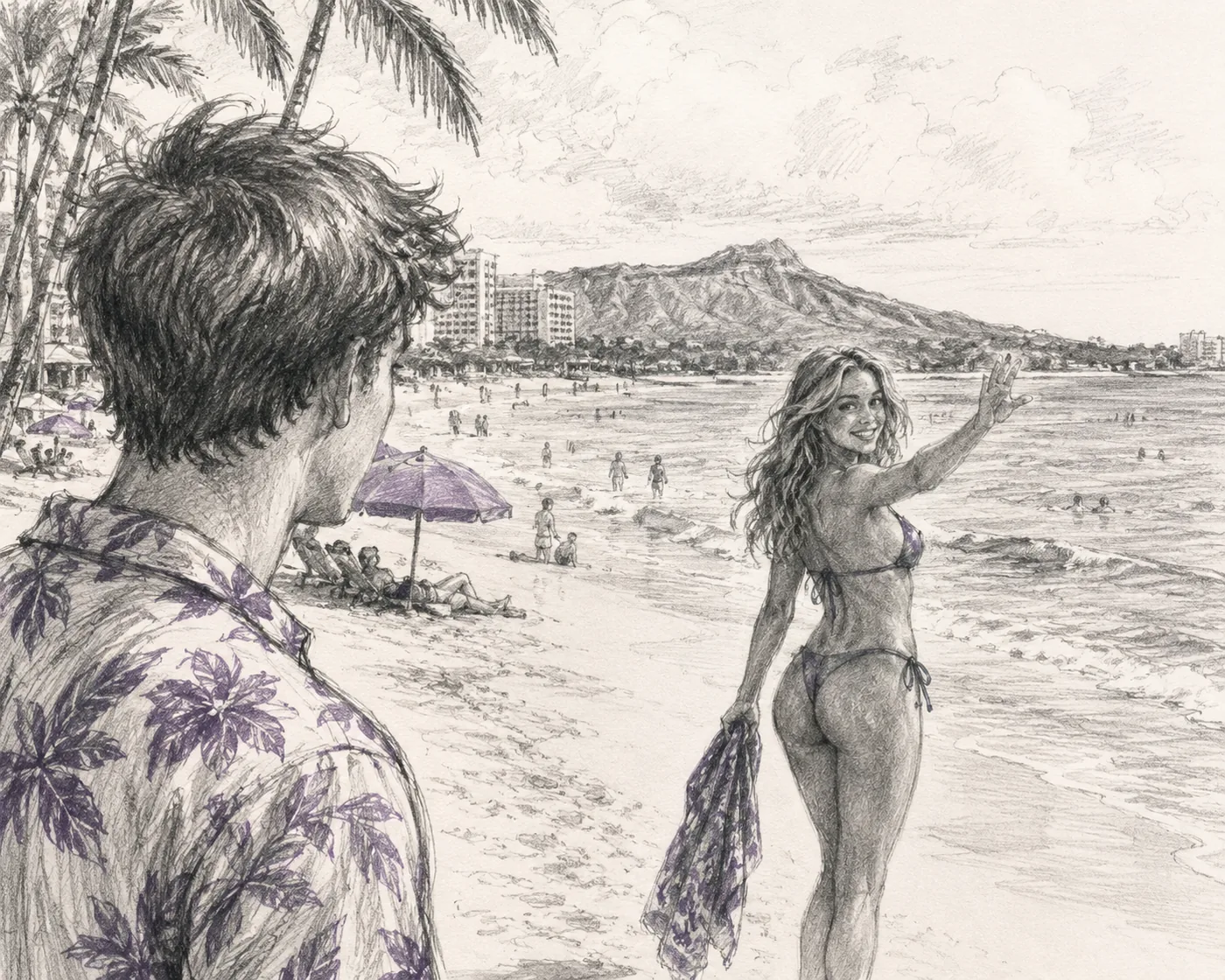 A young woman in a purple swimsuit waves a teenage boy toward the ocean on Waikiki Beach.