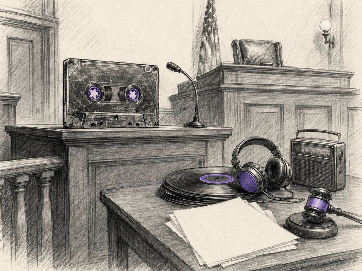 Humorous charcoal drawing of a battered cassette presenting its case from a courtroom witness stand surrounded by musical evidence.