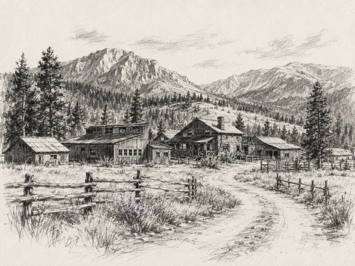Charcoal landscape of rustic ranch buildings and a recording studio beneath the Colorado mountains.