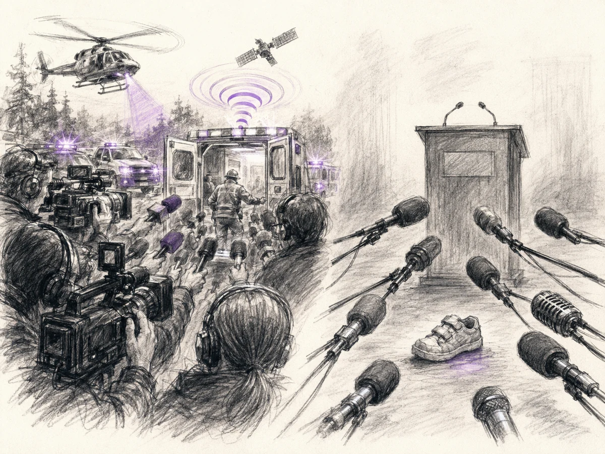 Contrasting news scenes show a celebrated tracking-assisted rescue beside an empty podium and child’s shoe surrounded by accusing microphones.