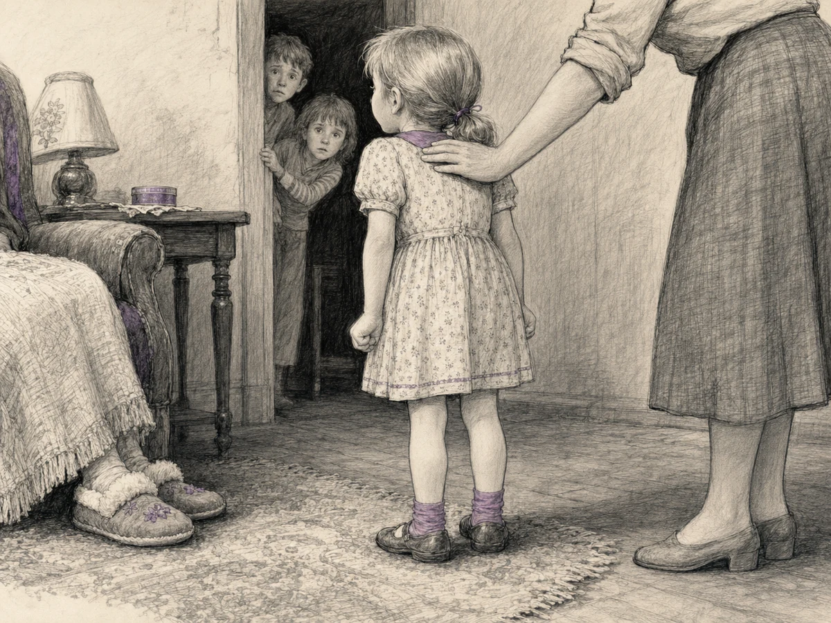 A younger girl freezes as an adult gently encourages her toward a very elderly woman seated just outside the frame.