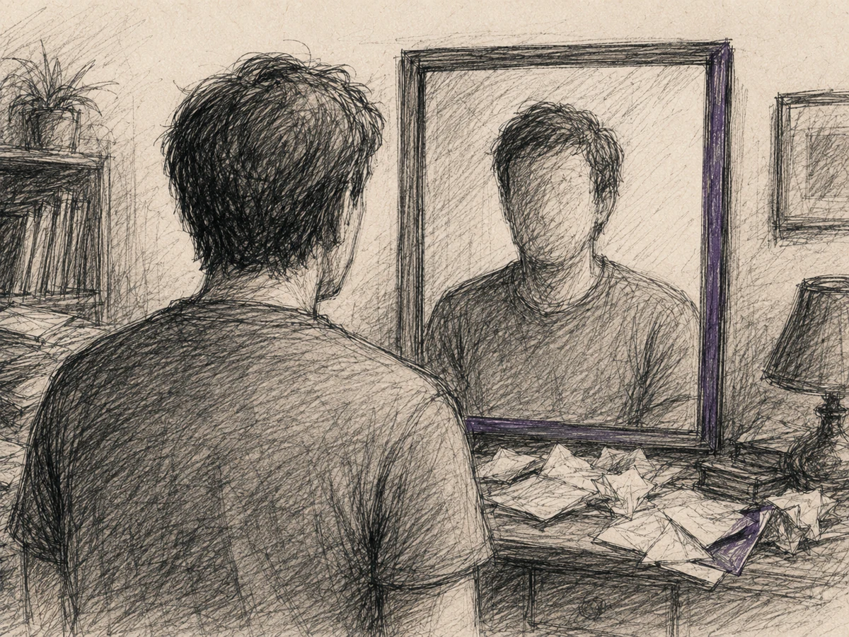 An anonymous adult facing their reflection while grievance-filled papers collect around the mirror.