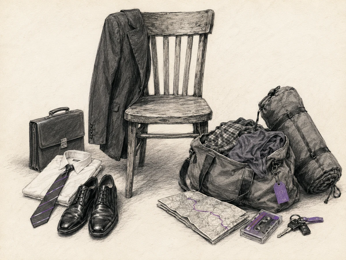 Office clothes arranged beside a travel bag, road map, and cassette case on opposite sides of a worn chair.