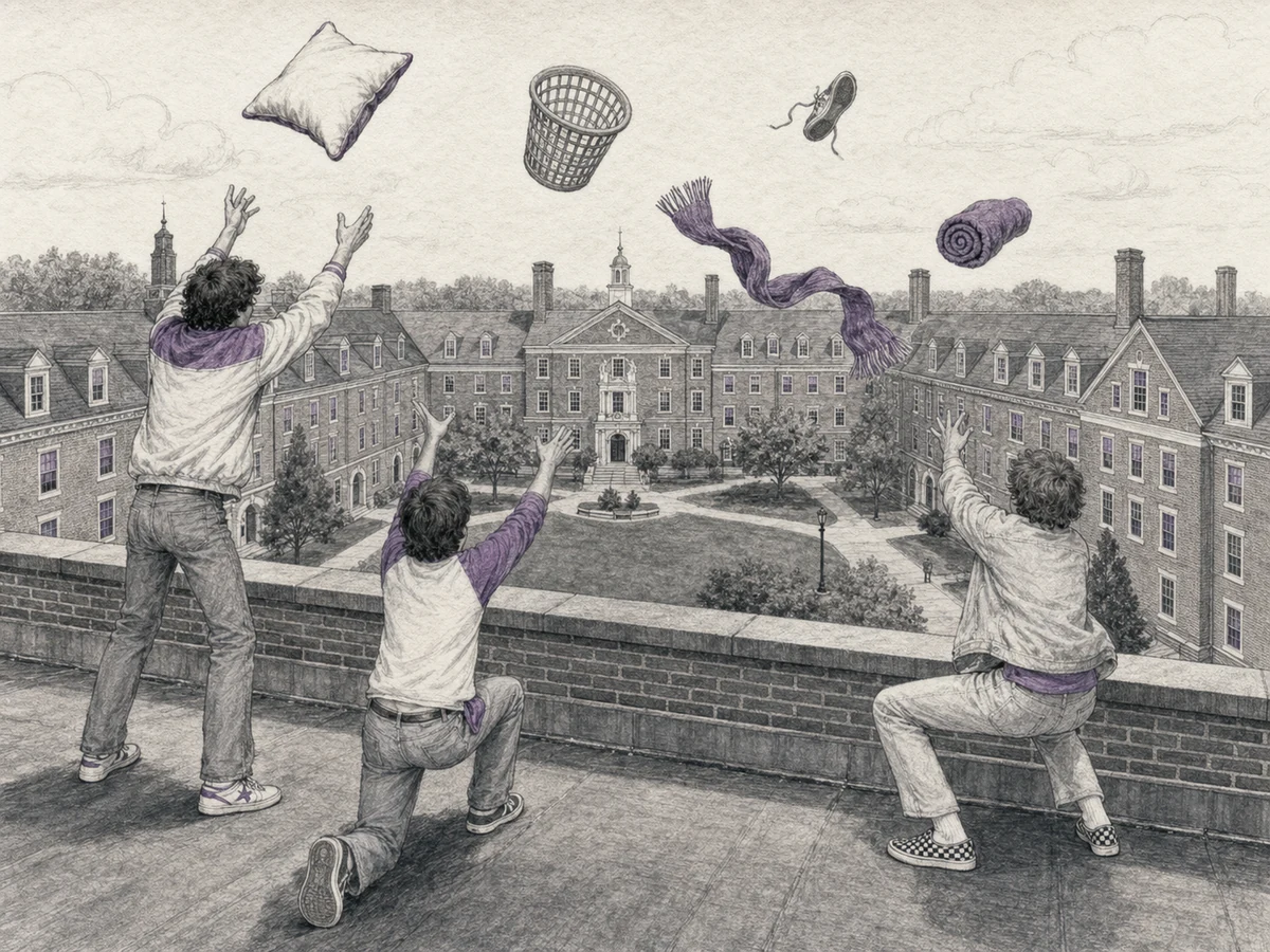 Students safely behind a brick rooftop parapet toss harmless pieces of dorm-room junk into the air above an orderly college courtyard.