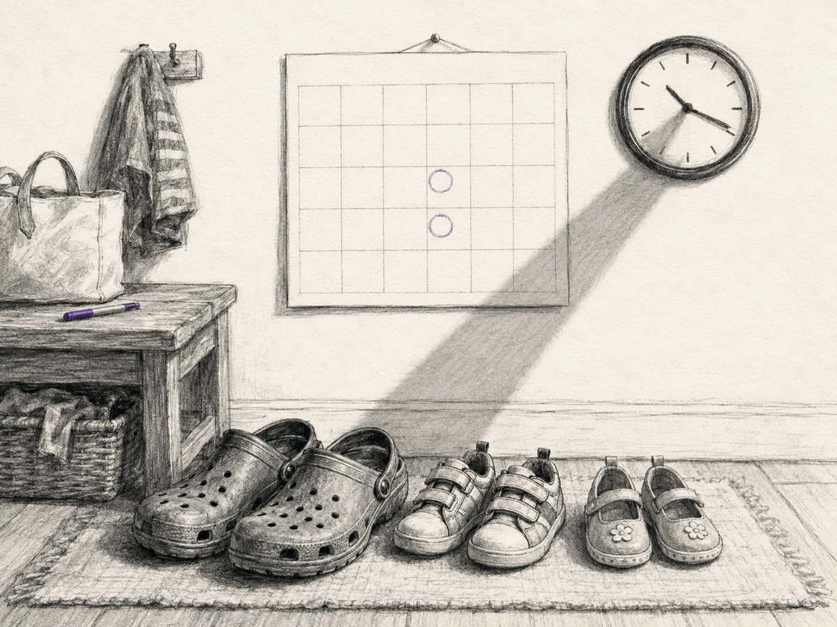 An adult’s Crocs beside two pairs of children’s shoes as a clock shadow falls across a wall calendar.
