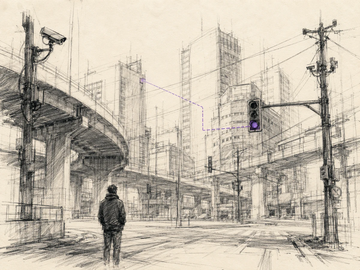Bright charcoal sketch of a lone figure facing an anxious city of roads, towers, wires, signals, and surveillance, representing OK Computer.