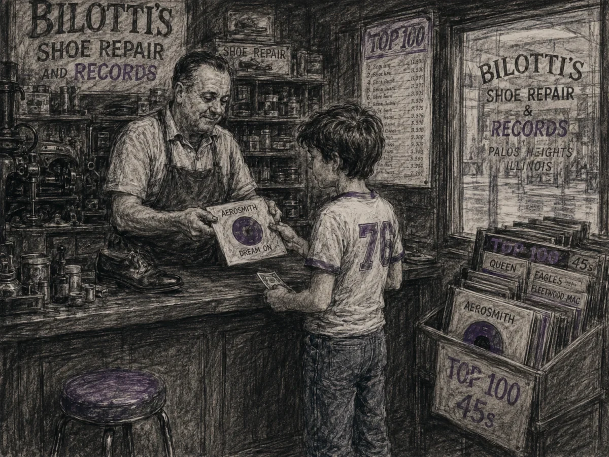 Charcoal-and-purple sketch of a boy buying the Dream On single at the counter of Bilotti’s shoe-repair shop and record counter in Palos Heights.