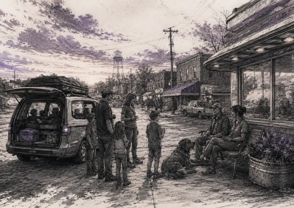 A traveling family talks with local residents outside a worn small-town diner beside a packed family van.