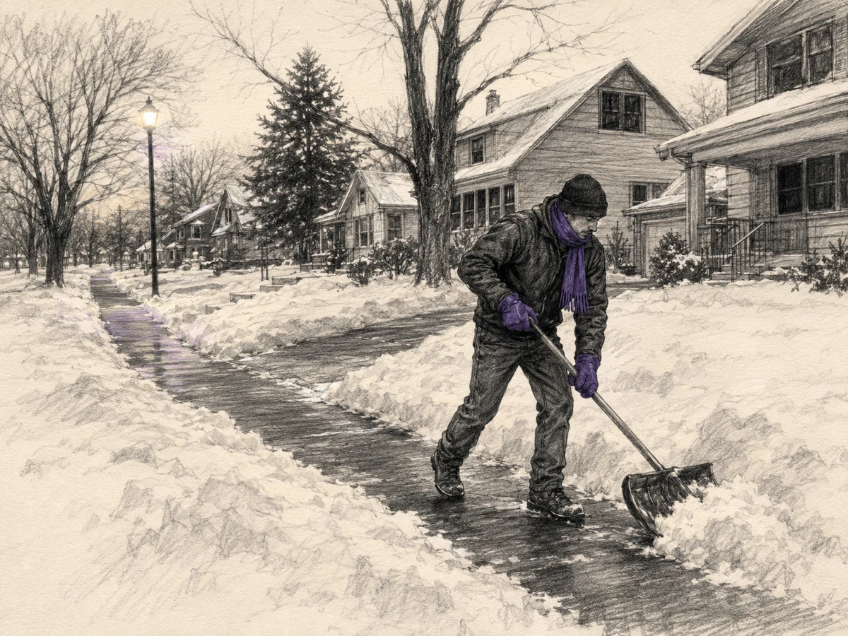 A bundled man quietly clears sidewalks and driveways along both sides of a snowy block before dawn.