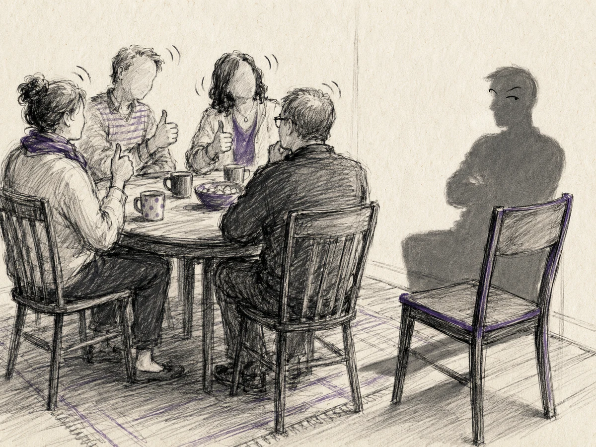 People nod politely around a table while an empty chair casts the shadow of someone giving a challenging sideways look.
