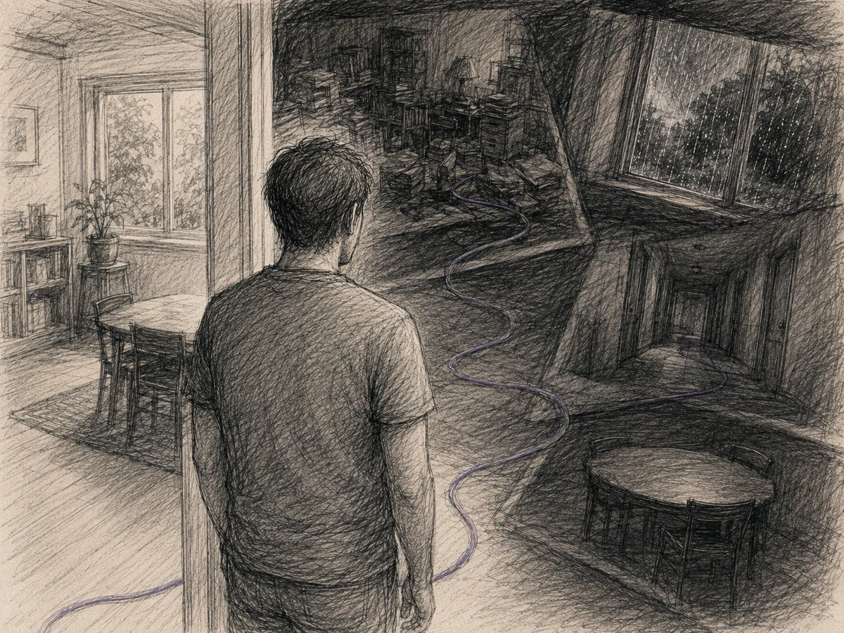 A figure briefly looking down branching sketches of worse possibilities while a purple line leads back.