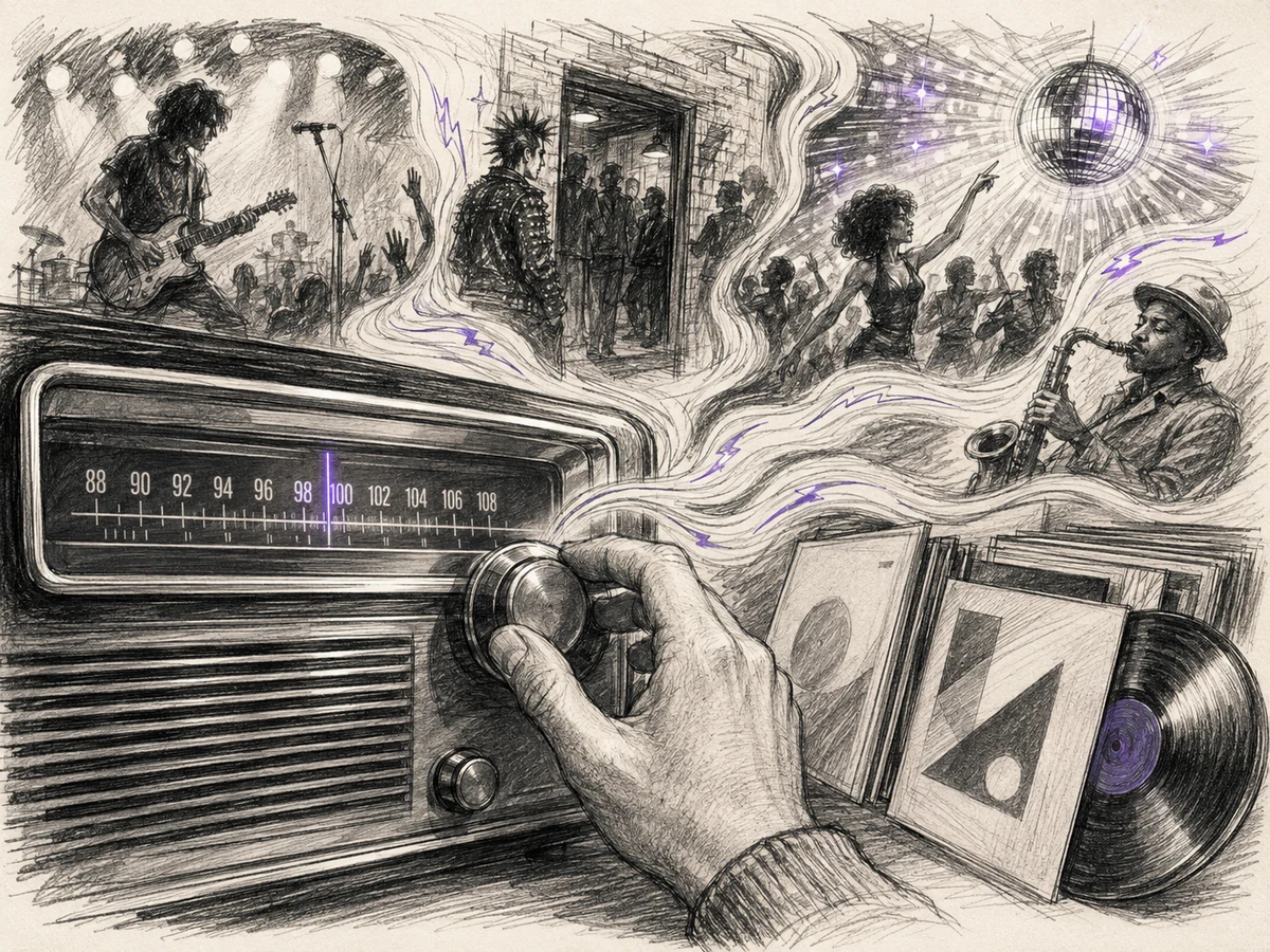 Charcoal sketch of a hand turning an FM radio dial while unexpected rock, punk, disco, and jazz scenes emerge from unfamiliar stations.