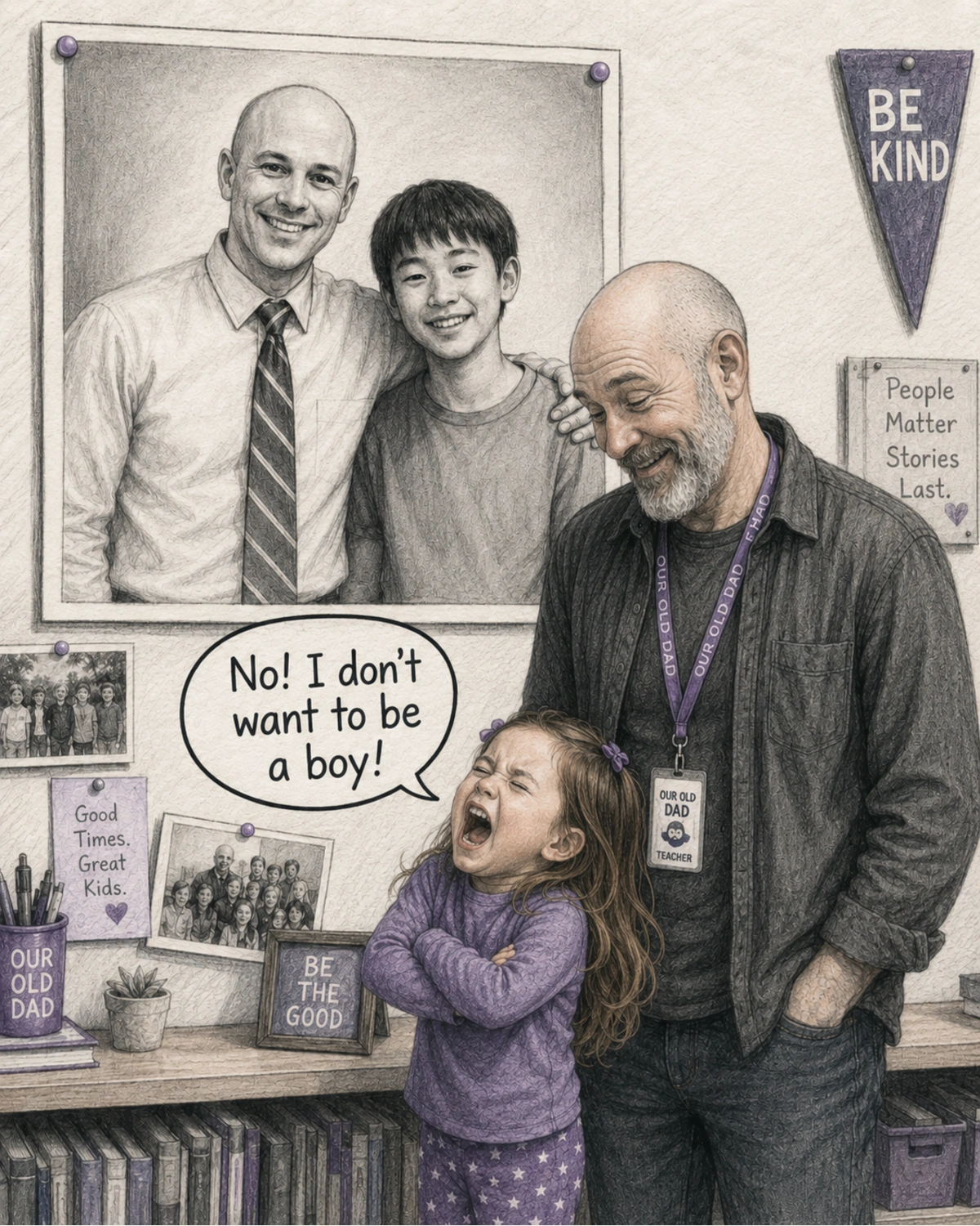 A four-year-old girl protests that she does not want to be a boy while her father tries not to laugh beside the old classroom photo.