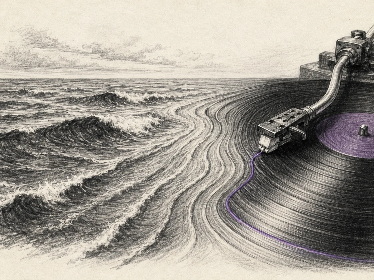 Ocean waves narrowing into the grooves of a vinyl record beneath a turntable needle.