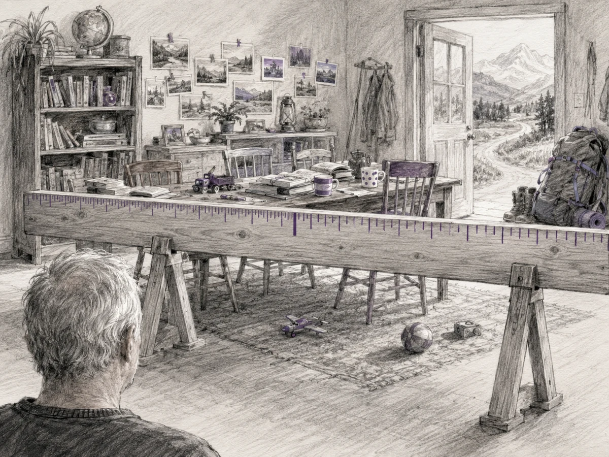 An older dad observes a full family life beyond an oversized ruler mounted on two wooden stands.