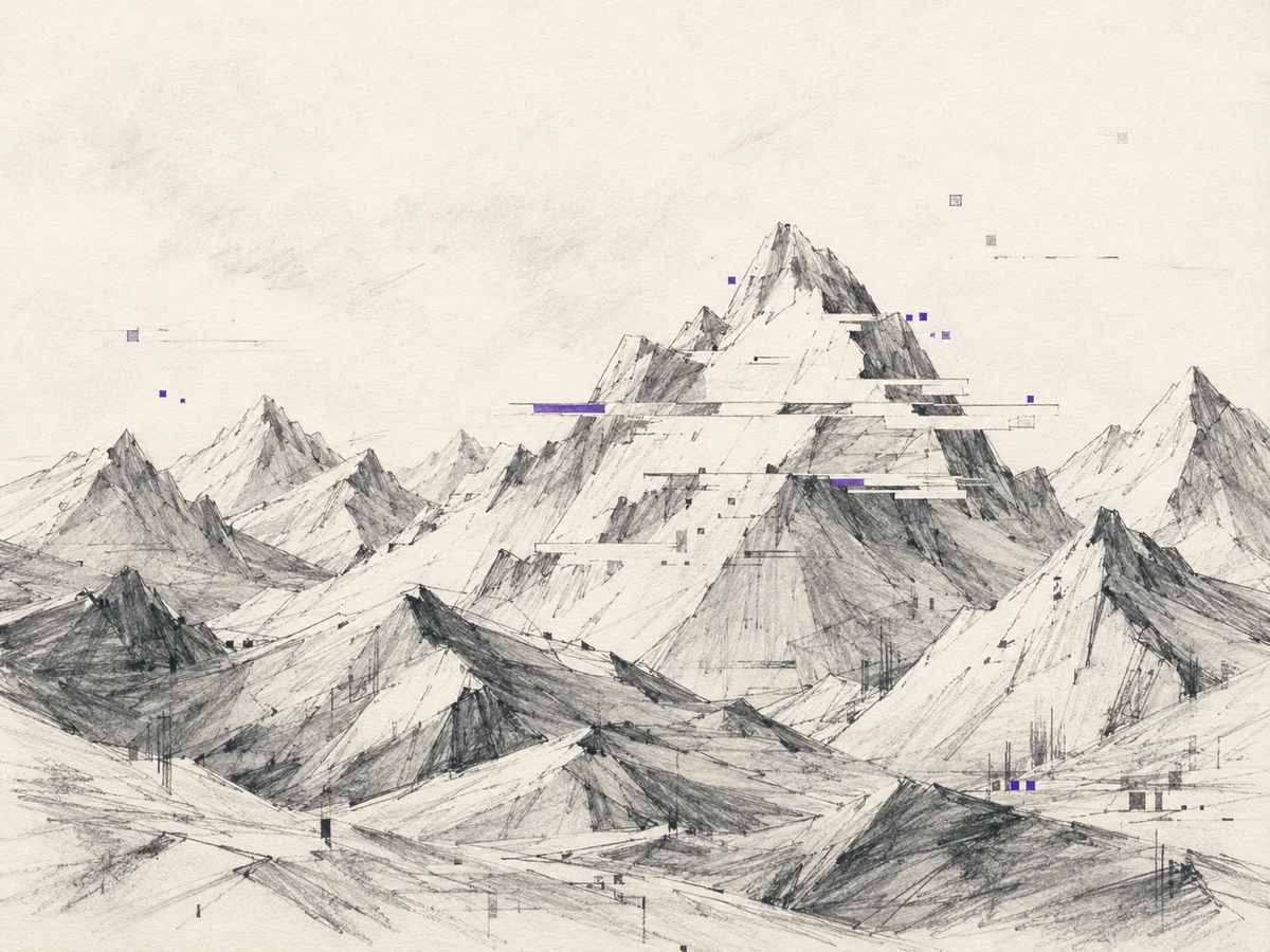 Bright charcoal sketch of a pale mountain range breaking into offset lines and sparse purple pixel fragments, representing Kid A.