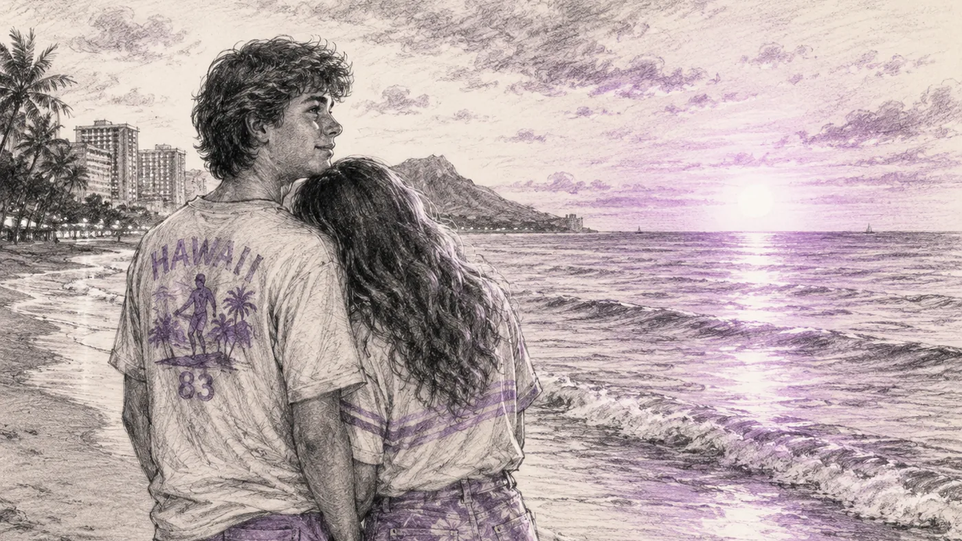 A teenage couple stands together on Waikiki Beach at sunset, her head resting on his shoulder.