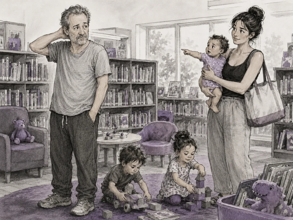 An older father looks awkward in a children’s library while a baby points at him and his two young children play nearby.